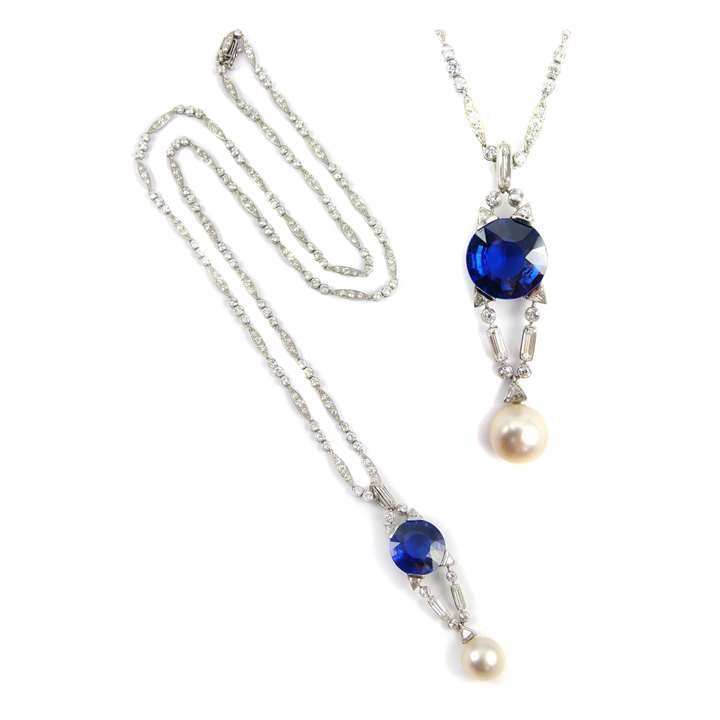 Early 20th century single stone sapphire, pearl and diamond pendant by Cartier, Paris 1910, workshop mark of Henri Picq, together with a diamond set necklace, the pendant set with a round cut Ceylon sapphire 14.65ct,